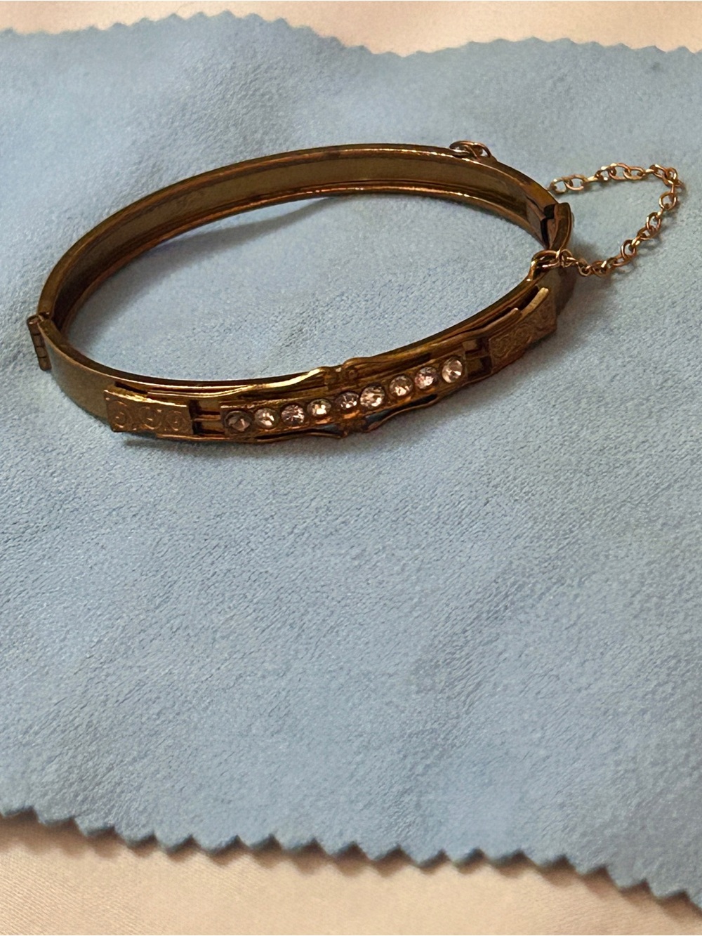 Beautiful Antique Bronze Hinged Bangle with Safety Chain Clear Glass Rhinestones
